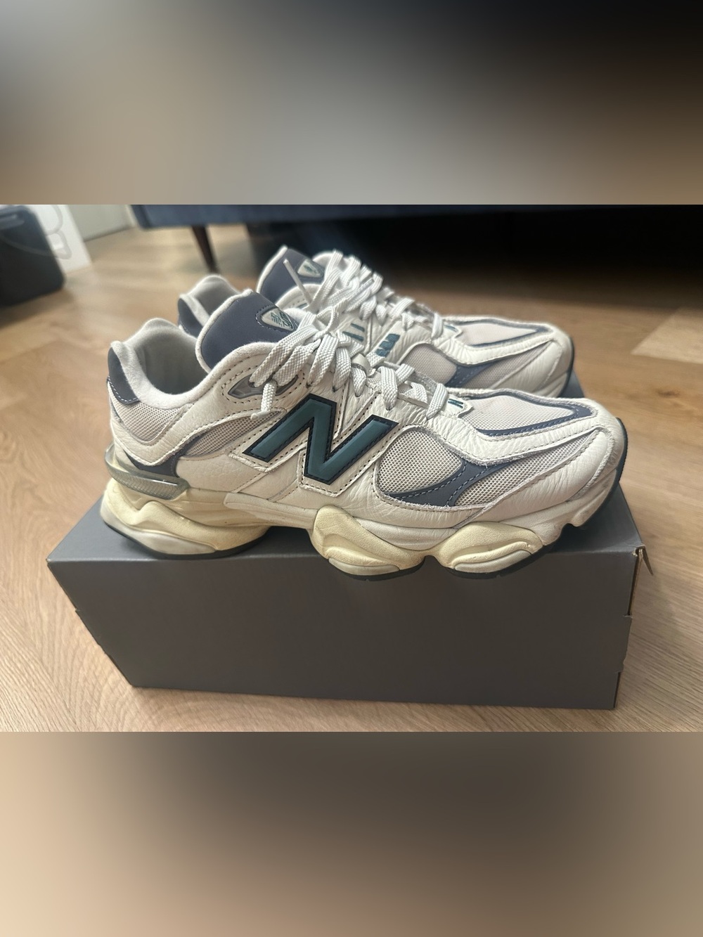 New Balance 9060 White and Blue Accent Chunky Sneakers